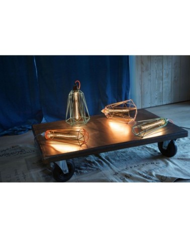 Lampe cage métallique bleue et cordon tissé orange