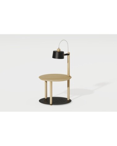 Table de chevet avec lampe en chêne et métal noir