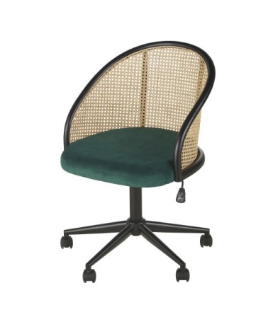 Chaise de bureau à roulettes en velours vert cannage en rotin