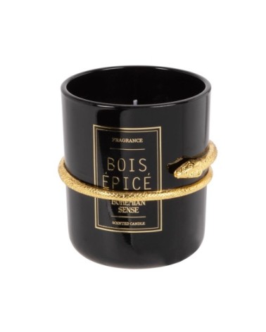 Bougie parfumée en verre noir et ornement serpent en métal doré, 150g