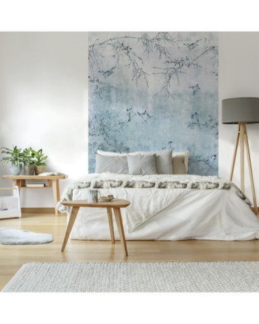 Papier peint panoramique intissé oiseaux Japonais bleu 186x280cm