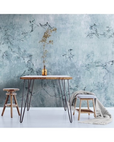 Papier peint panoramique intissé oiseaux Japonais bleu 186x280cm