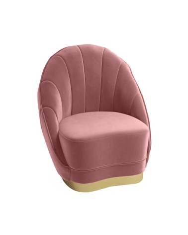 Fauteuil en velours rose vintage, base cerclage doré effet laiton