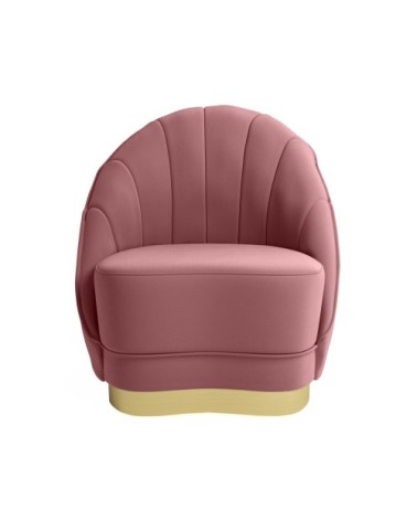 Fauteuil en velours rose vintage, base cerclage doré effet laiton