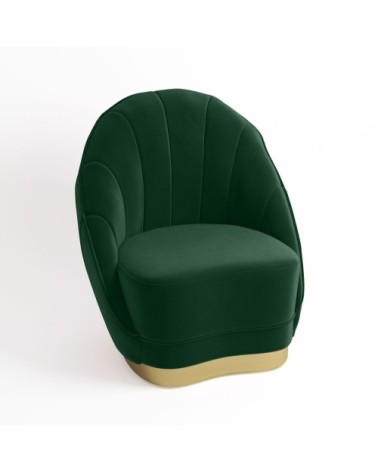 Fauteuil en velours vert sapin, base cerclage doré effet laiton