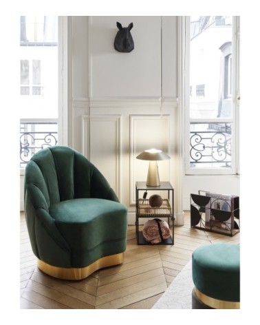 Fauteuil en velours vert sapin, base cerclage doré effet laiton