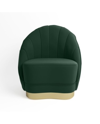 Fauteuil en velours vert sapin, base cerclage doré effet laiton