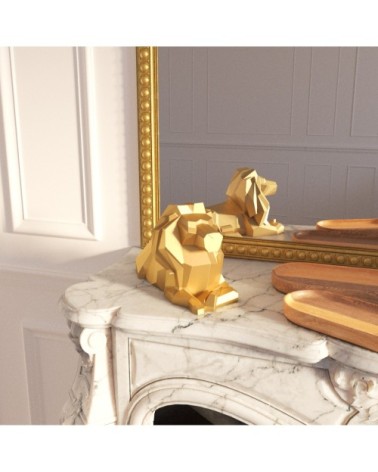 Lion décoratif doré, statuette origami en polyrésine
