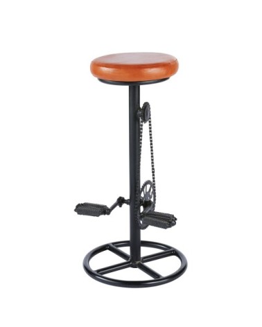 Tabouret de bar industriel en cuir cognac et métal noir H82