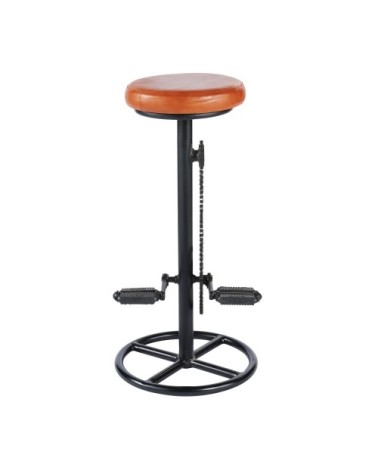 Tabouret de bar industriel en cuir cognac et métal noir H82