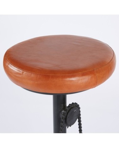 Tabouret de bar industriel en cuir cognac et métal noir H82