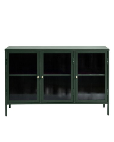 Buffet 3 portes en verre strié et métal L132cm vert foncé