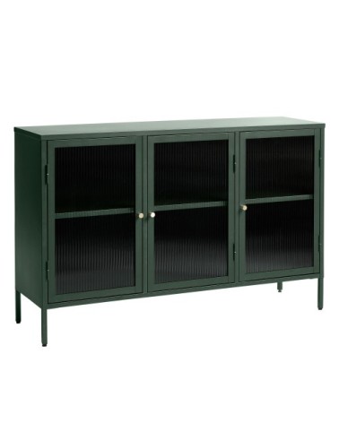 Buffet 3 portes en verre strié et métal L132cm vert foncé