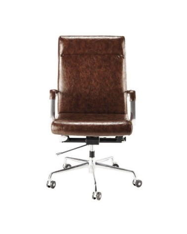 Fauteuil de bureau à roulettes en cuir marron et métal