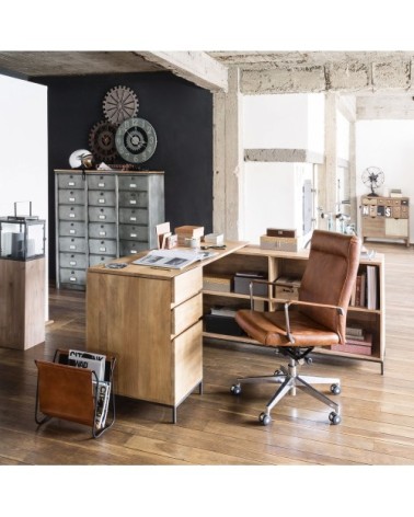 Fauteuil de bureau à roulettes en cuir marron et métal