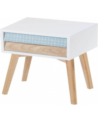 Table de chevet 2 tiroirs en bois couleur blanc et bleu