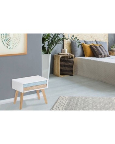 Table de chevet 2 tiroirs en bois couleur blanc et bleu