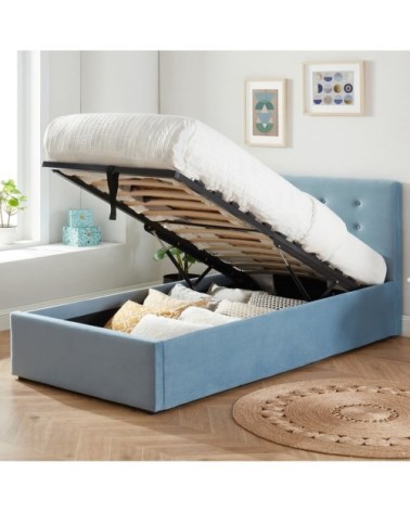 Pack lit coffre enfant 90x190 + matelas + tête de lit - velours bleu