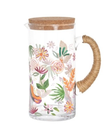 Pichet en verre motif végétal multicolore et anse en raphia et couvercle en liège 1,15L