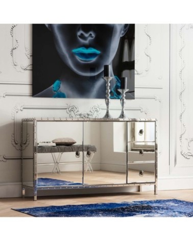 Buffet 2 portes 3 tiroirs en verre miroir