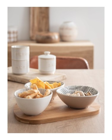 Plateau apéritif en bambou 3 bols en faïence blanche et jaune moutarde imprimée