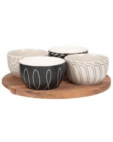 Coupelles apéritives en grès motifs graphiques noirs et beiges (x4) et plateau en acacia