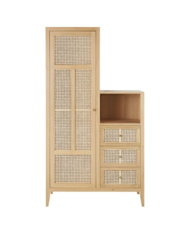 Armoire asymétrique 1 porte 3 tiroirs cannage en rotin beige
