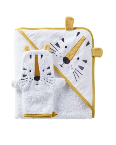 Sortie de bain bébé en coton blanc avec tête de tigre jaune moutarde et noire