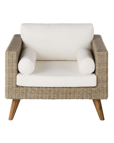 Fauteuil de jardin en résine tressée beige et coussins écrus