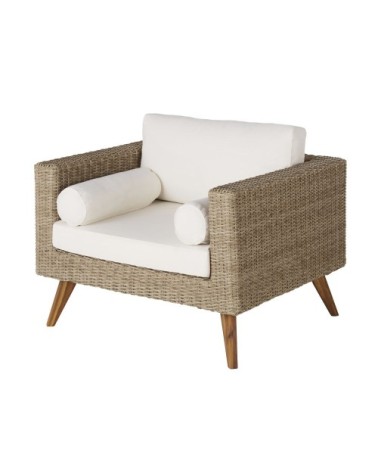 Fauteuil de jardin en résine tressée beige et coussins écrus