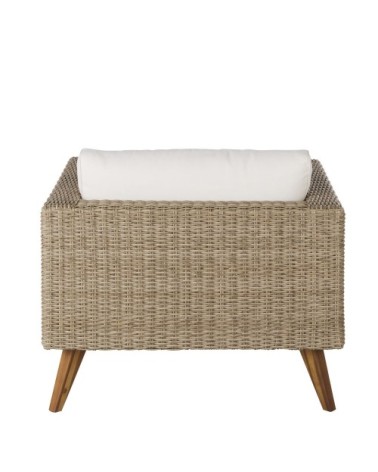 Fauteuil de jardin en résine tressée beige et coussins écrus