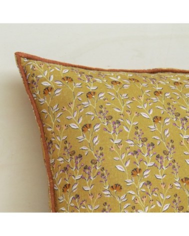 Coussin en lin lavé imprimé fleuri jaune 40x65