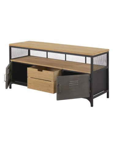 Meuble TV industriel 1 tiroir 2 portes en bois de sapin et métal