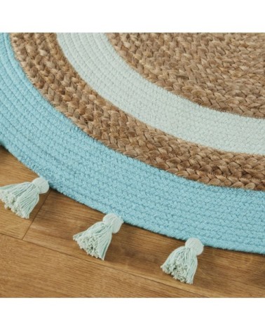 Tapis rond en jute et coton à pompons bleu