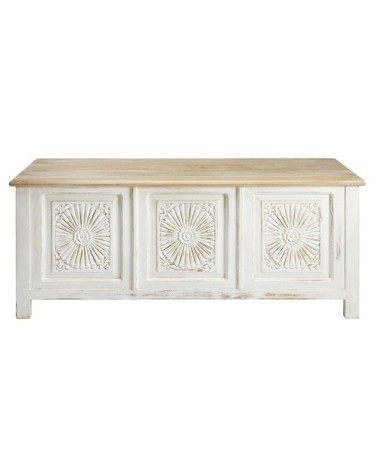 Coffre sculpté en manguier massif blanc vieilli