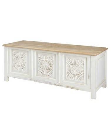 Coffre sculpté en manguier massif blanc vieilli