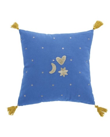 Coussin imprimé étoile et broderie bleues et dorée, 35x35