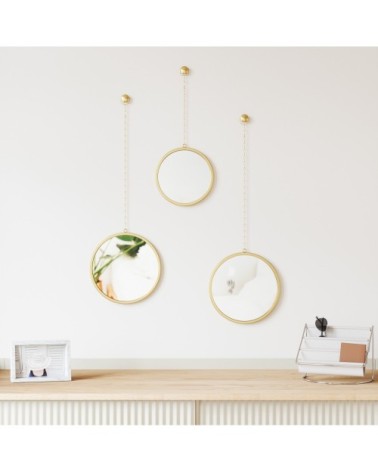Lot de 3 miroirs ronds suspendus D10.5cm couleur dorée