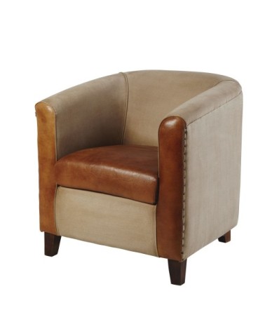 Fauteuil club en coton recyclé et cuir marron