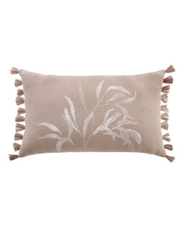Coussin garni beige imprimé blanc à pompons 30x50