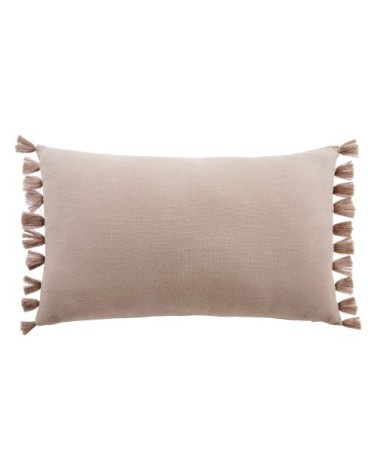 Coussin garni beige imprimé blanc à pompons 30x50
