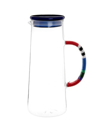 Pichet en verre anse à rayures multicolores et couvercle bleu marine 1,2L