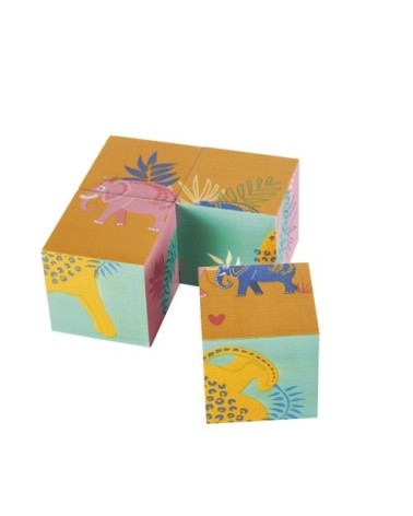 Cube d'éveil en bois de Hêtre imprimé jungle multicolore