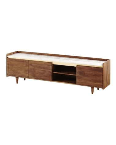 Meuble TV 3 portes en acacia massif et marbre blanc