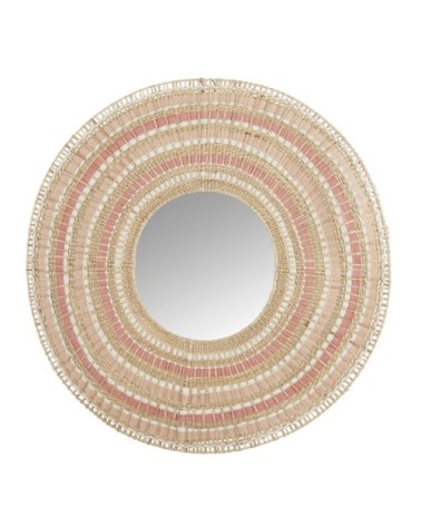 Miroir en coton et fibre végétale rose, blanc, beige et doré 102x101