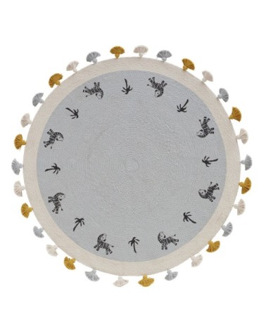 Tapis rond en coton tressé imprimé à pompons D100