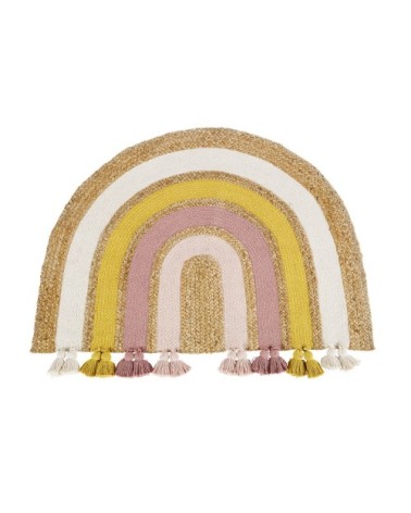 Tapis enfant arc-en-ciel en coton et jute multicolore à pompons 75x100