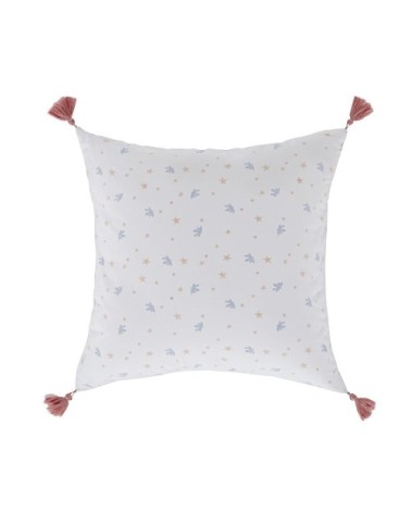 Coussin en coton bio écru, corail et bleu imprimé à pompons 40x40