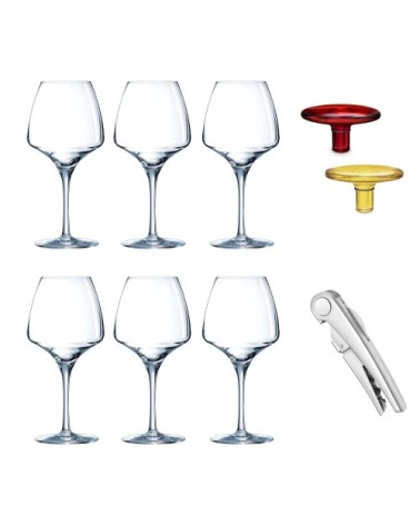 6 verres à pied, sommelier et bouchons en verre