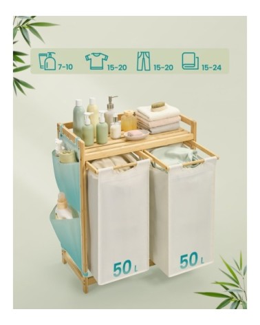 Panier à linge avec 2 compartiments en bambou 2 x 50 l blanc crème